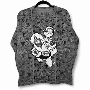 Vintage Popeye Comic Long Sleeve Shirt | Graphic Tee Size L Gray Black